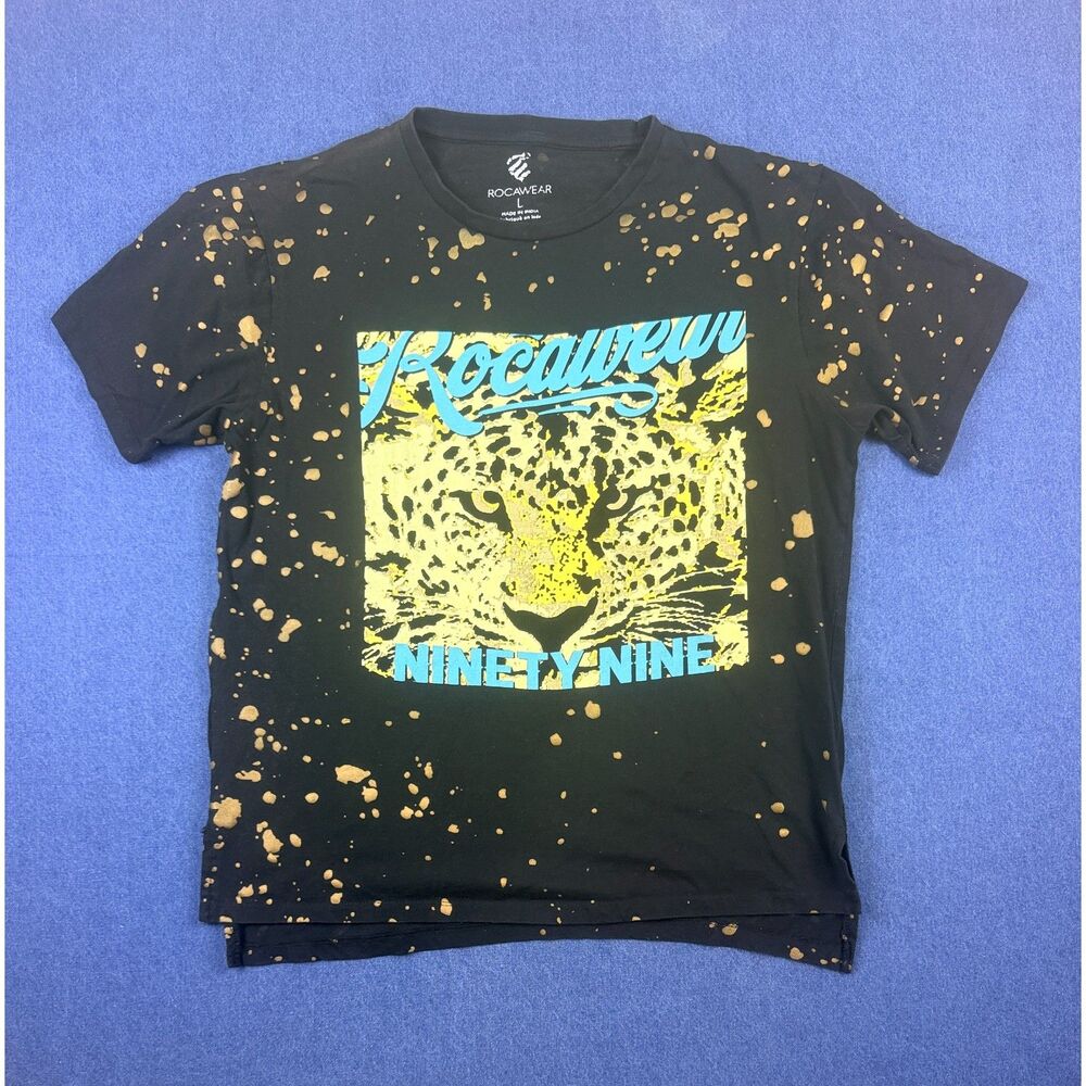 Rocawear Men’s L Black Bleach Splatter Leopard Graphic Tee Ninety Nine